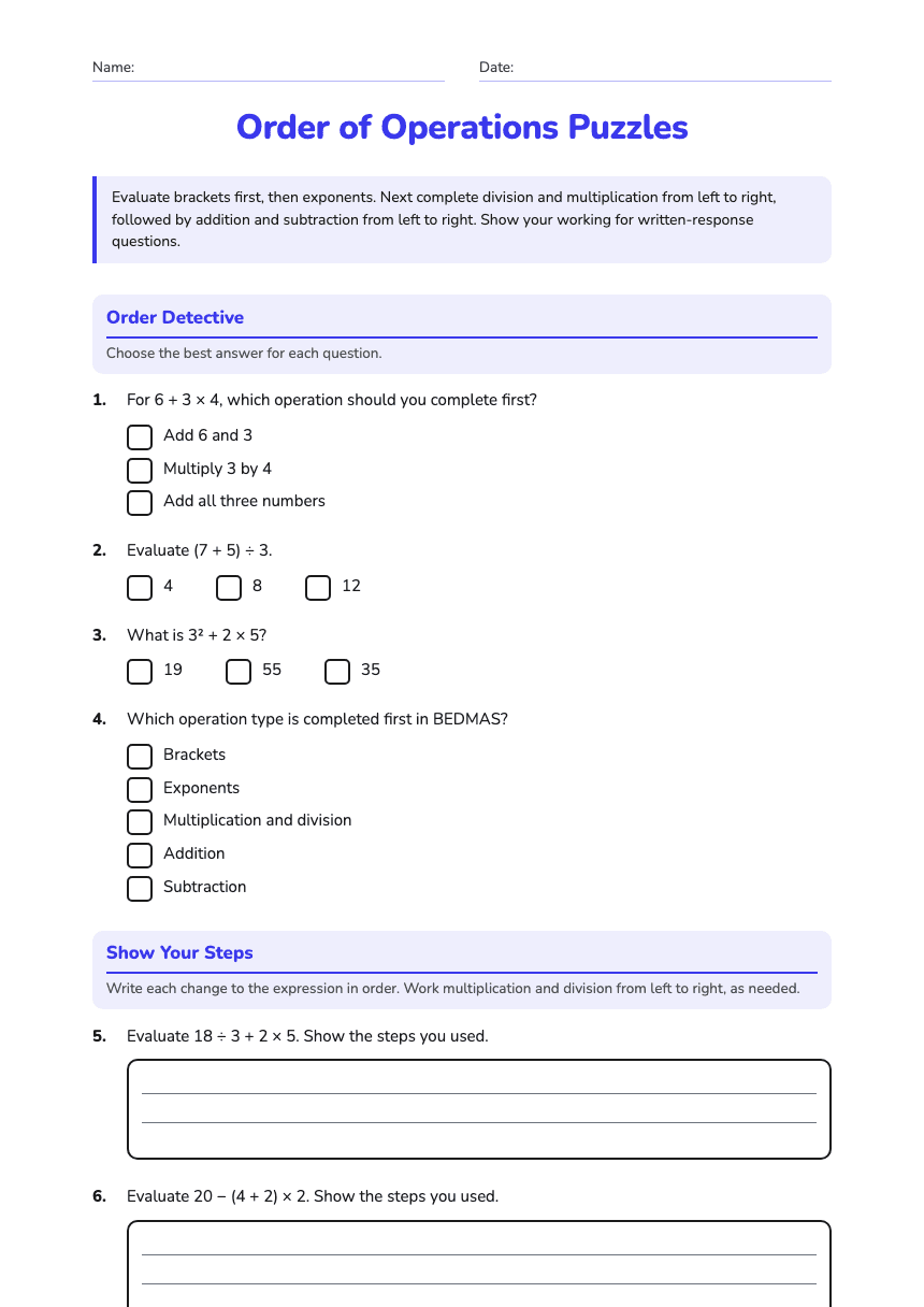 Order of Operations Puzzles worksheet preview