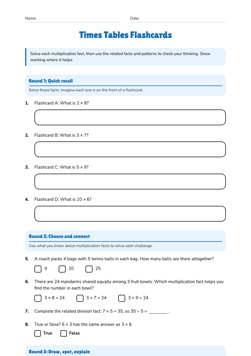 Times Tables Flashcards worksheet preview