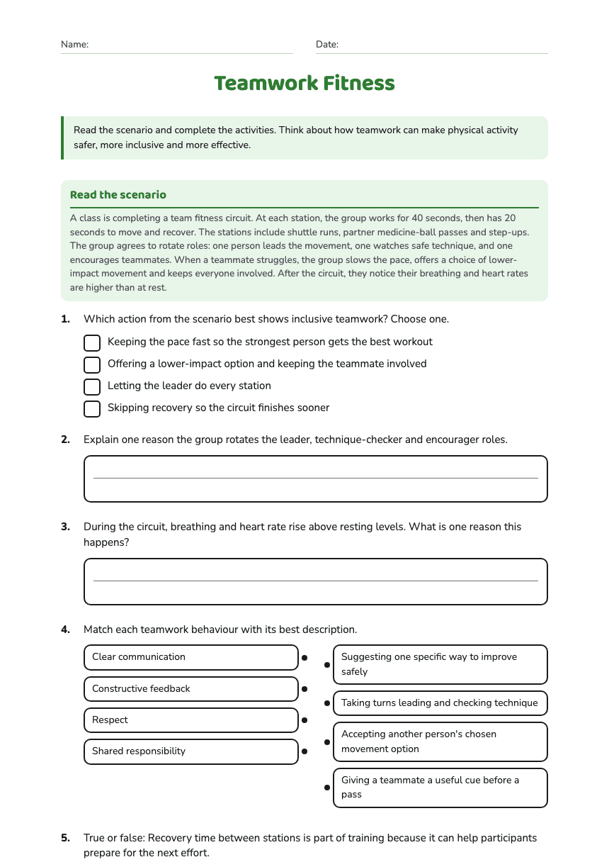 Teamwork Fitness worksheet preview