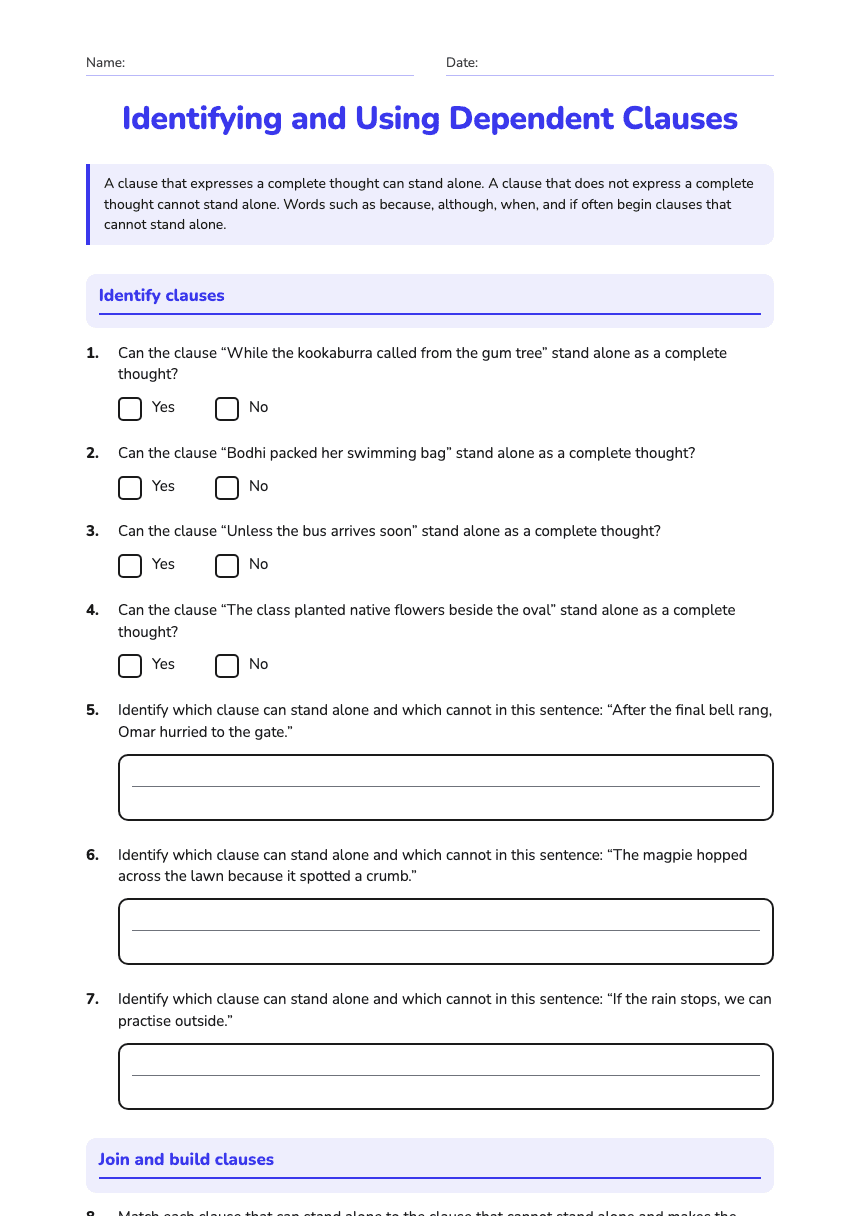 Identifying and Using Dependent Clauses worksheet preview
