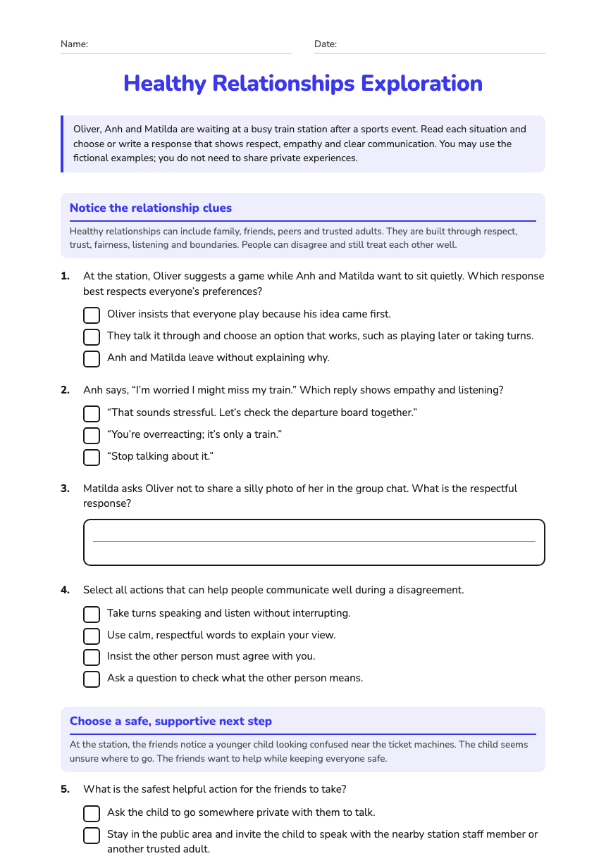 Healthy Relationships Exploration worksheet preview