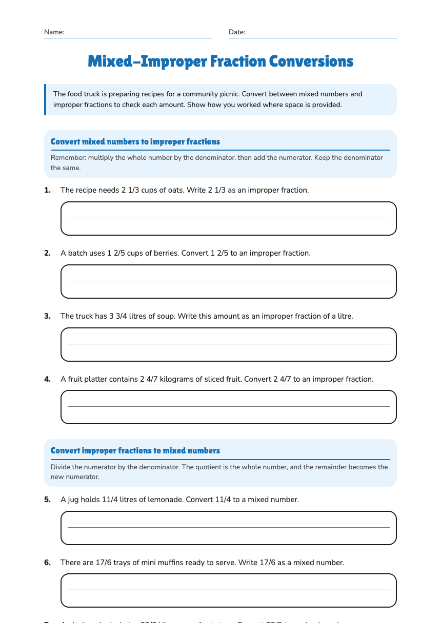Mixed-Improper Fraction Conversions worksheet preview