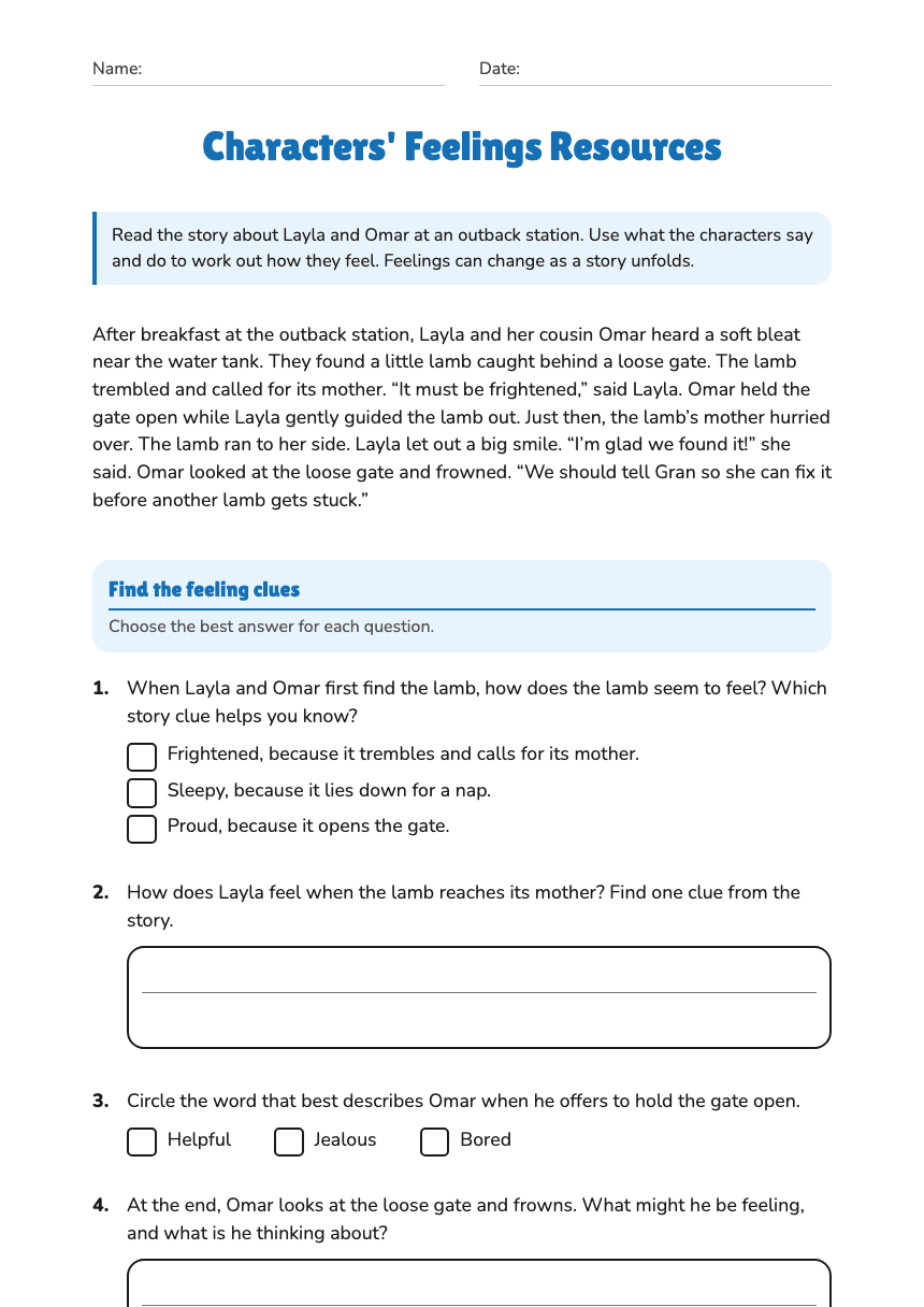 Characters' Feelings Resources worksheet preview