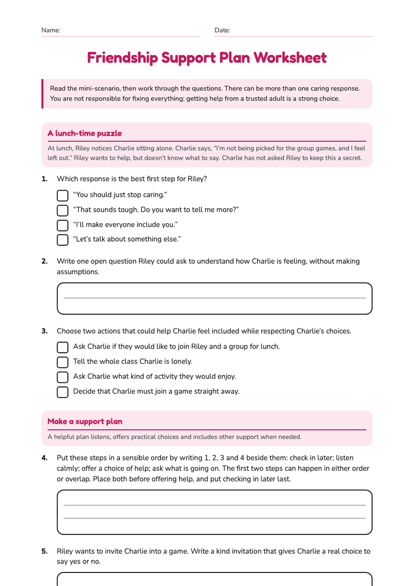 Friendship Support Plan Worksheet