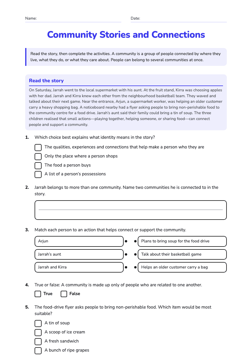 Community Stories and Connections worksheet preview