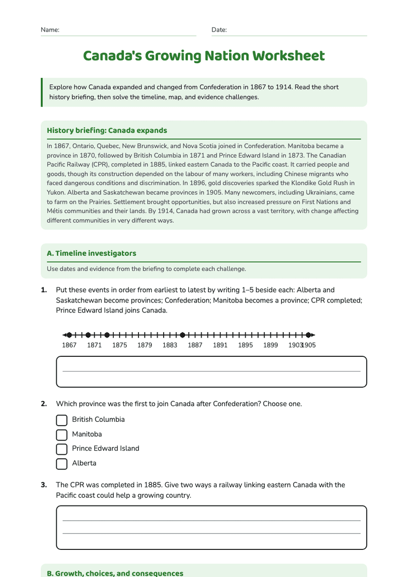 Canada's Growing Nation Worksheet