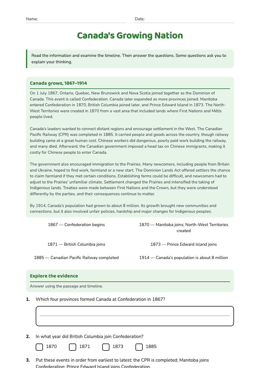 Canada's Growing Nation worksheet preview