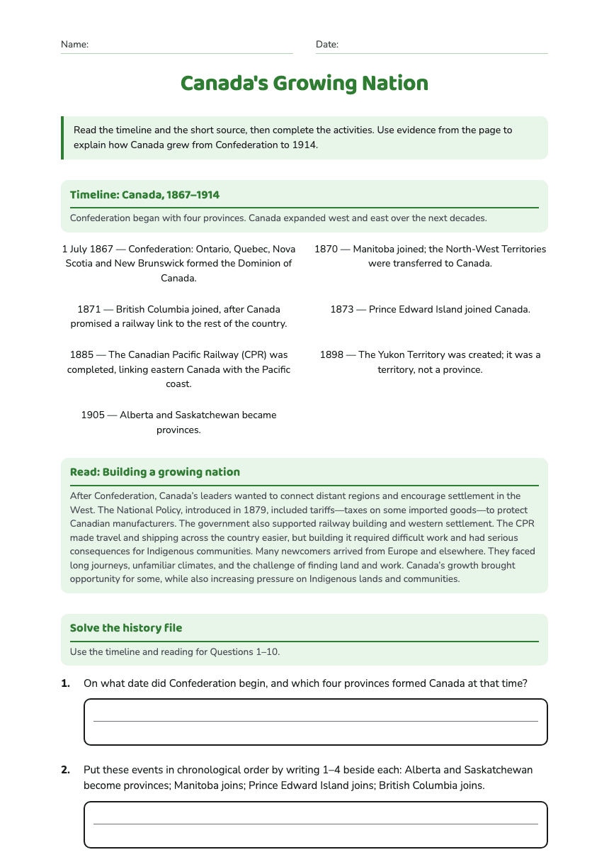 Canada's Growing Nation worksheet preview