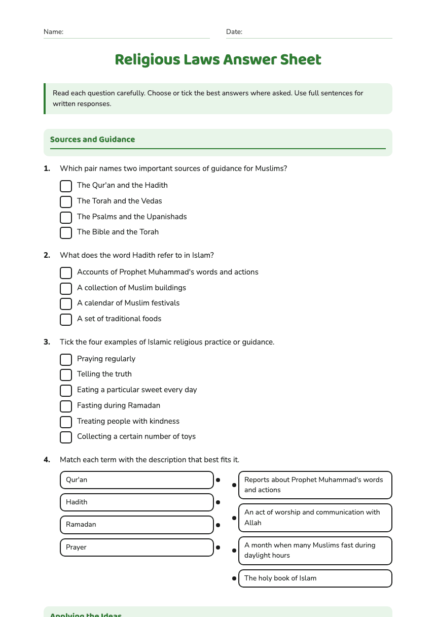 Religious Laws Answer Sheet worksheet preview