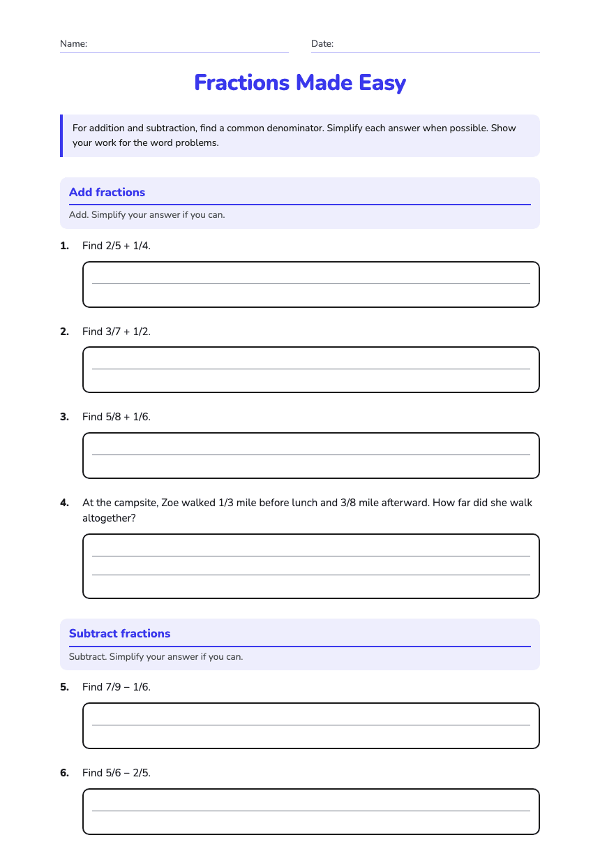 Fractions Made Easy worksheet preview