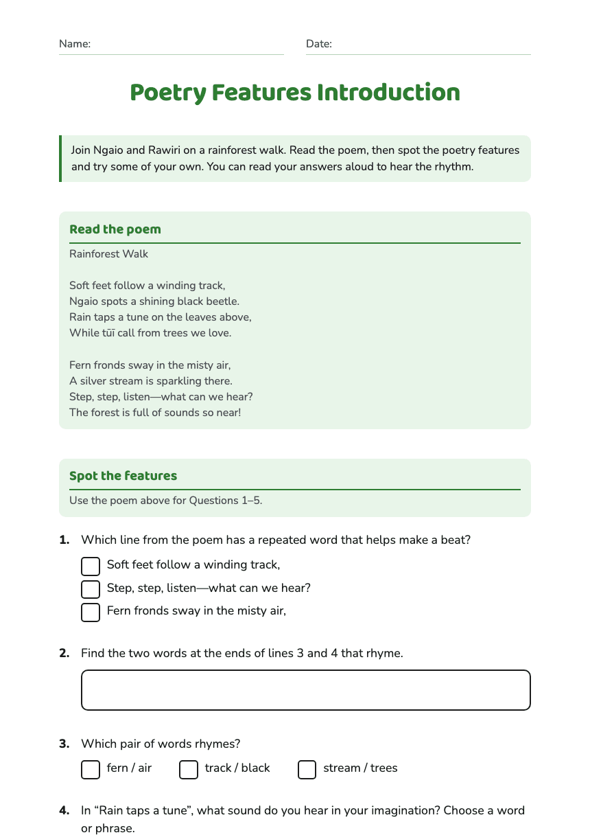 Poetry Features Introduction worksheet preview