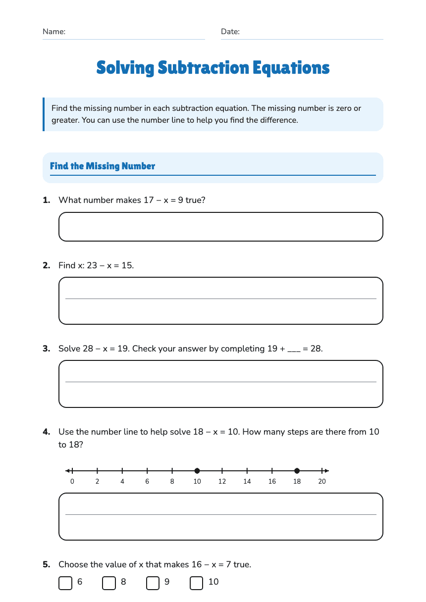 Solving Subtraction Equations worksheet preview