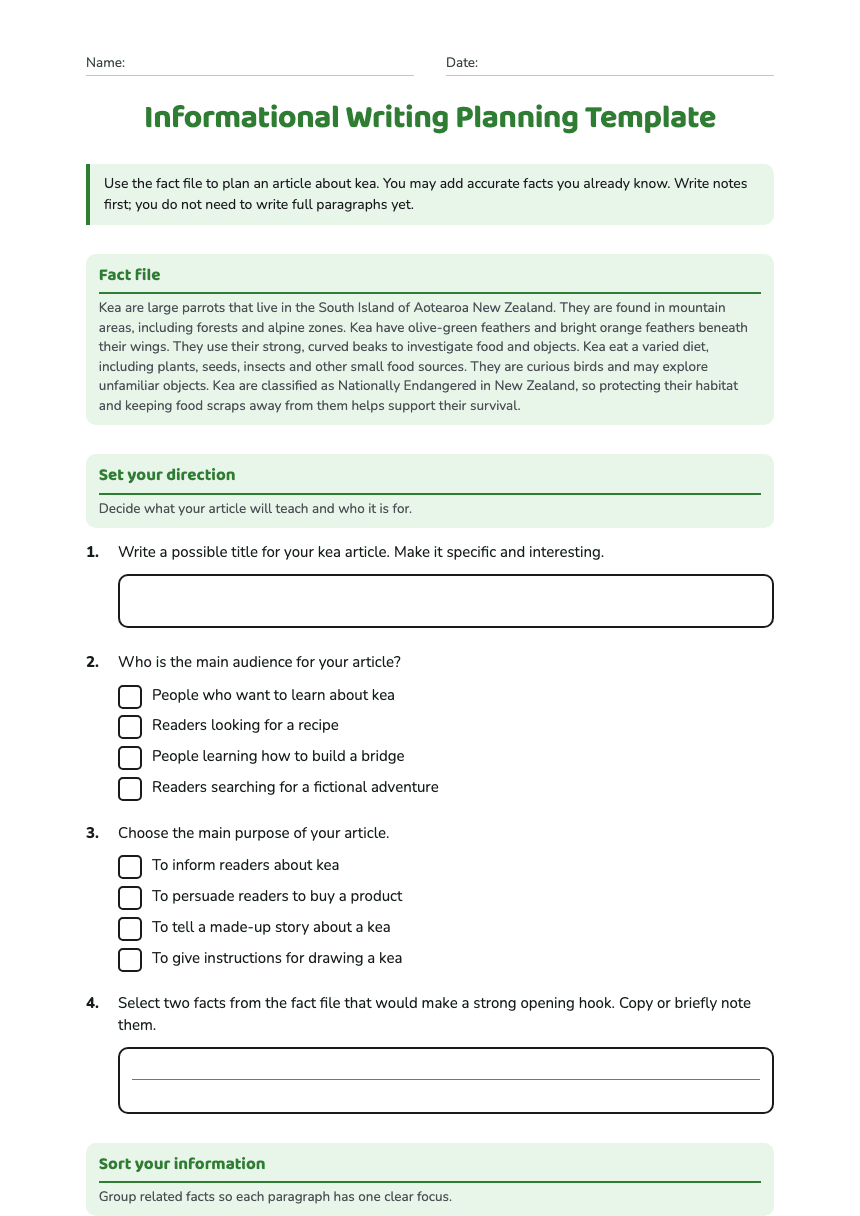 Informational Writing Planning Template worksheet preview