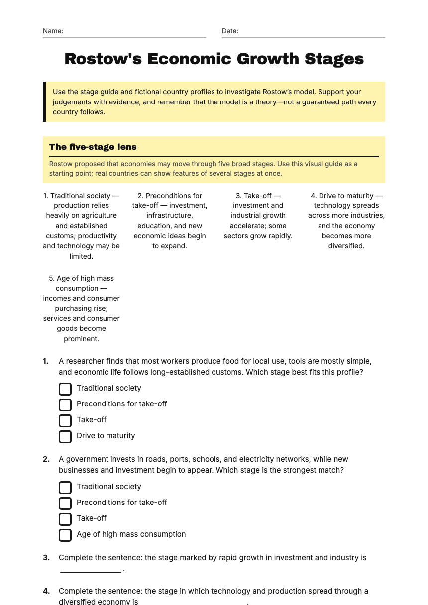 Rostow's Economic Growth Stages worksheet preview