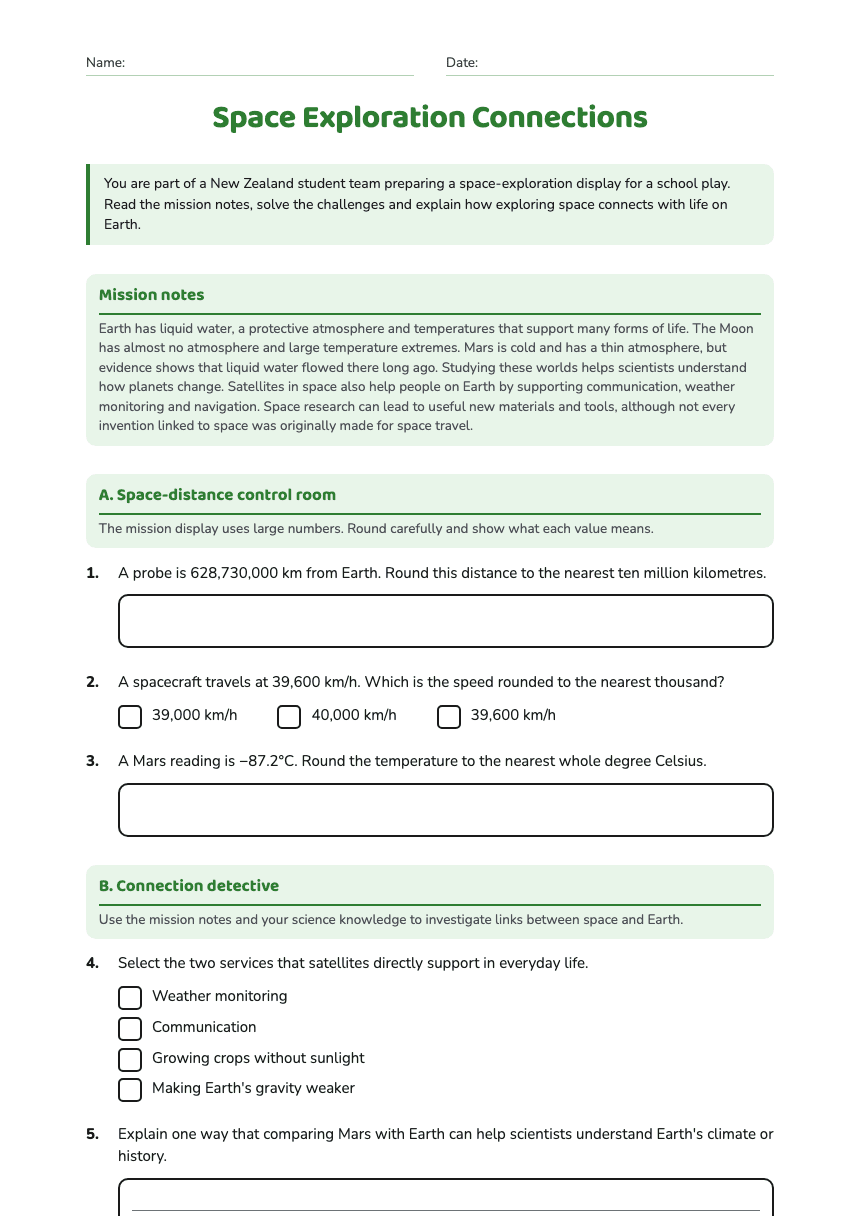 Space Exploration Connections worksheet preview