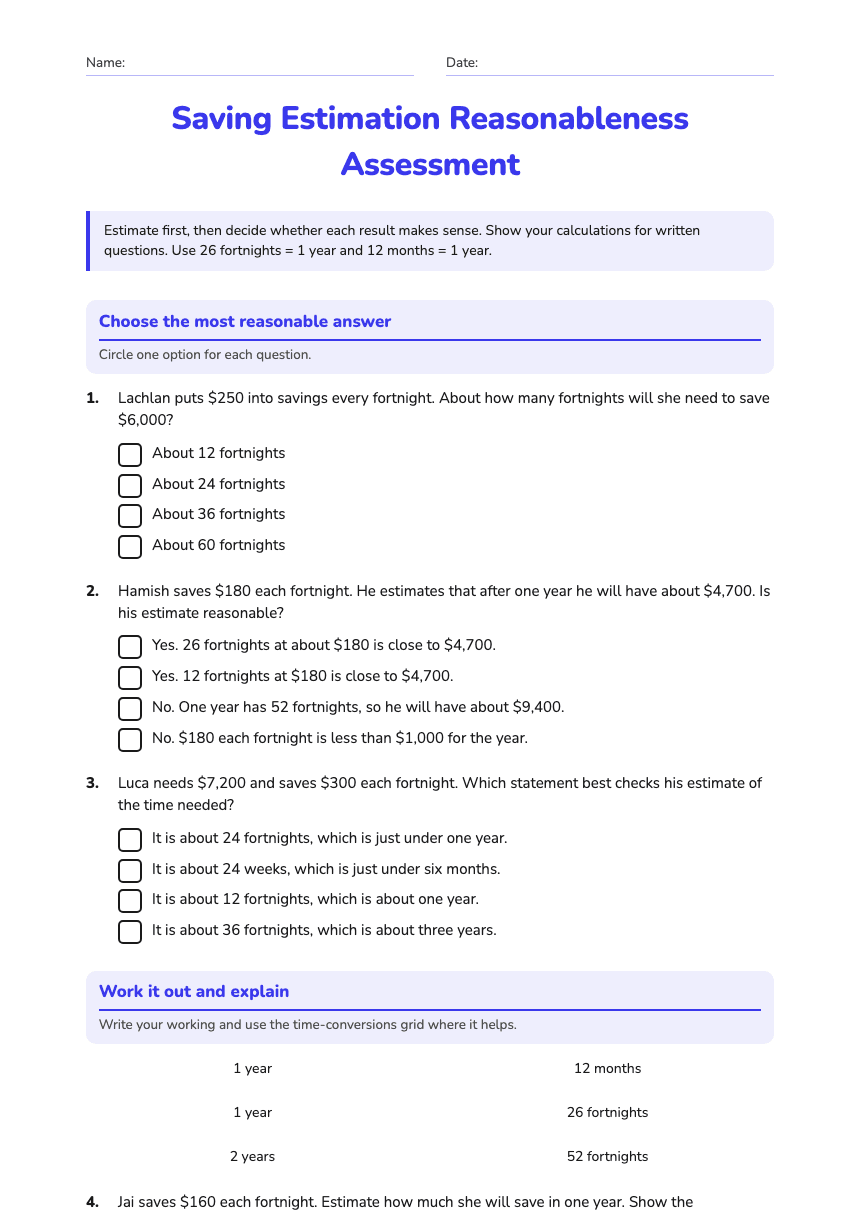 Saving Estimation Reasonableness Assessment worksheet preview
