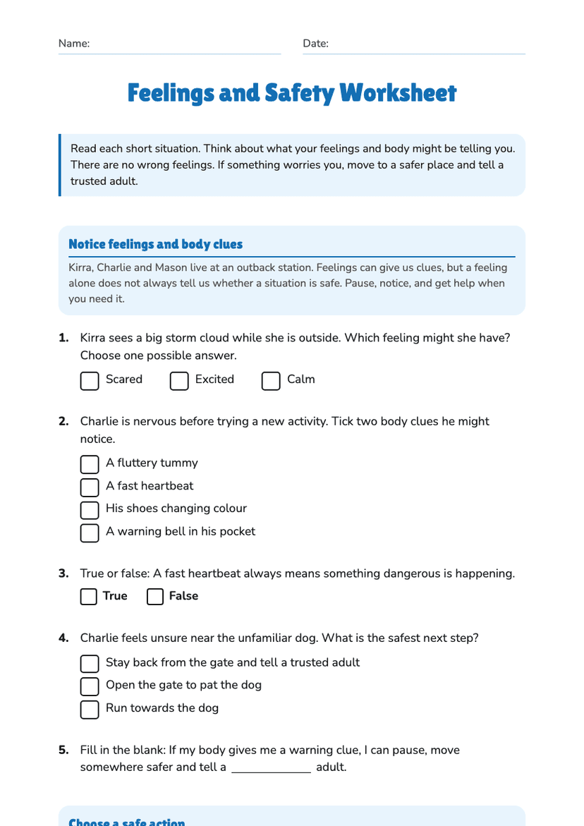 Feelings and Safety Worksheet