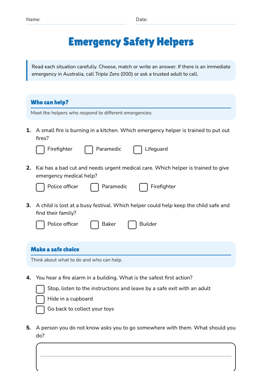 Emergency Safety Helpers worksheet preview