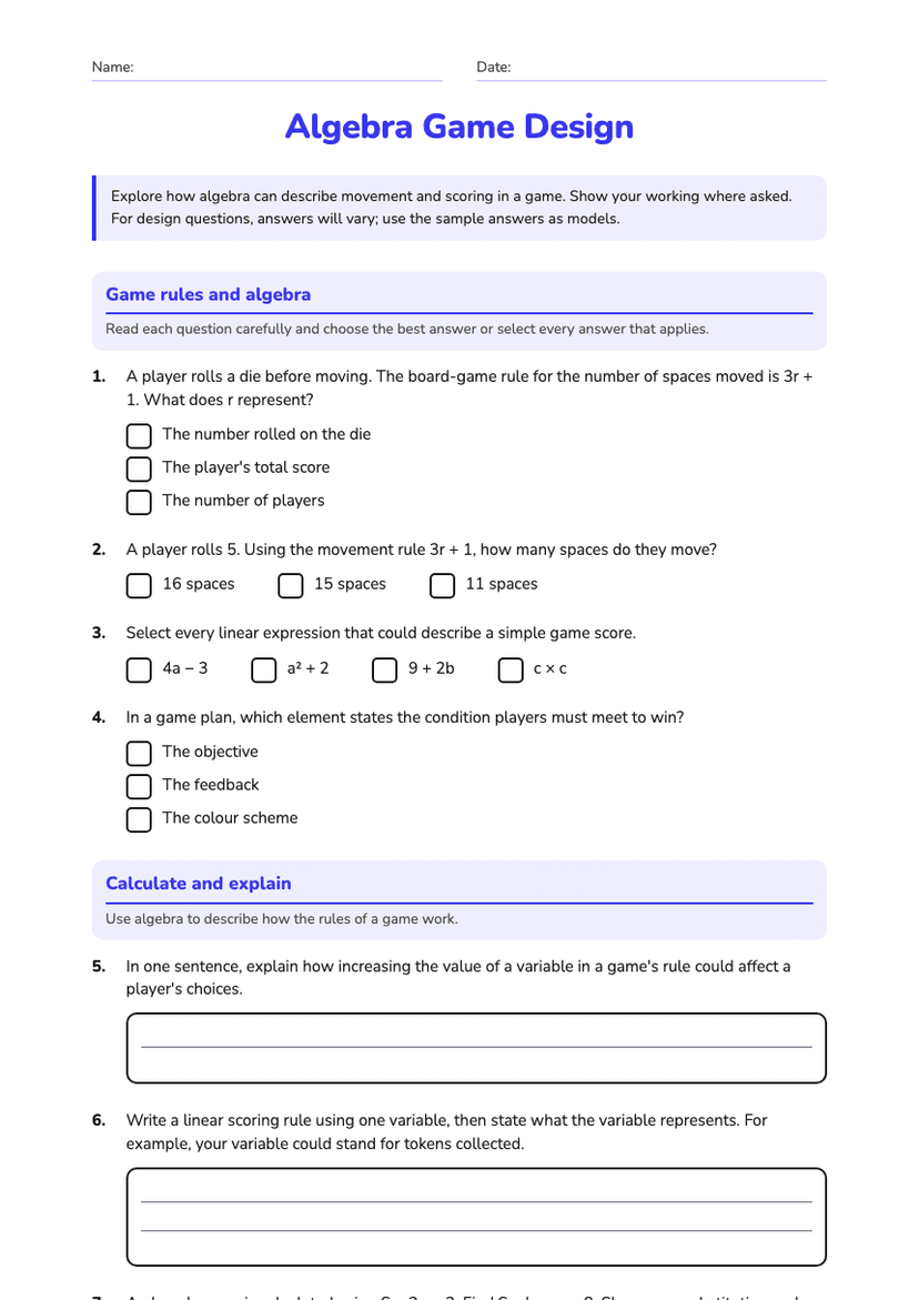 Algebra Game Design