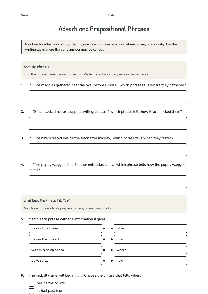 Adverb and Prepositional Phrases worksheet preview