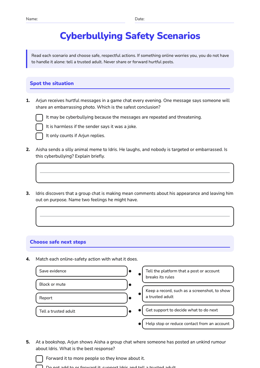 Cyberbullying Safety Scenarios worksheet preview