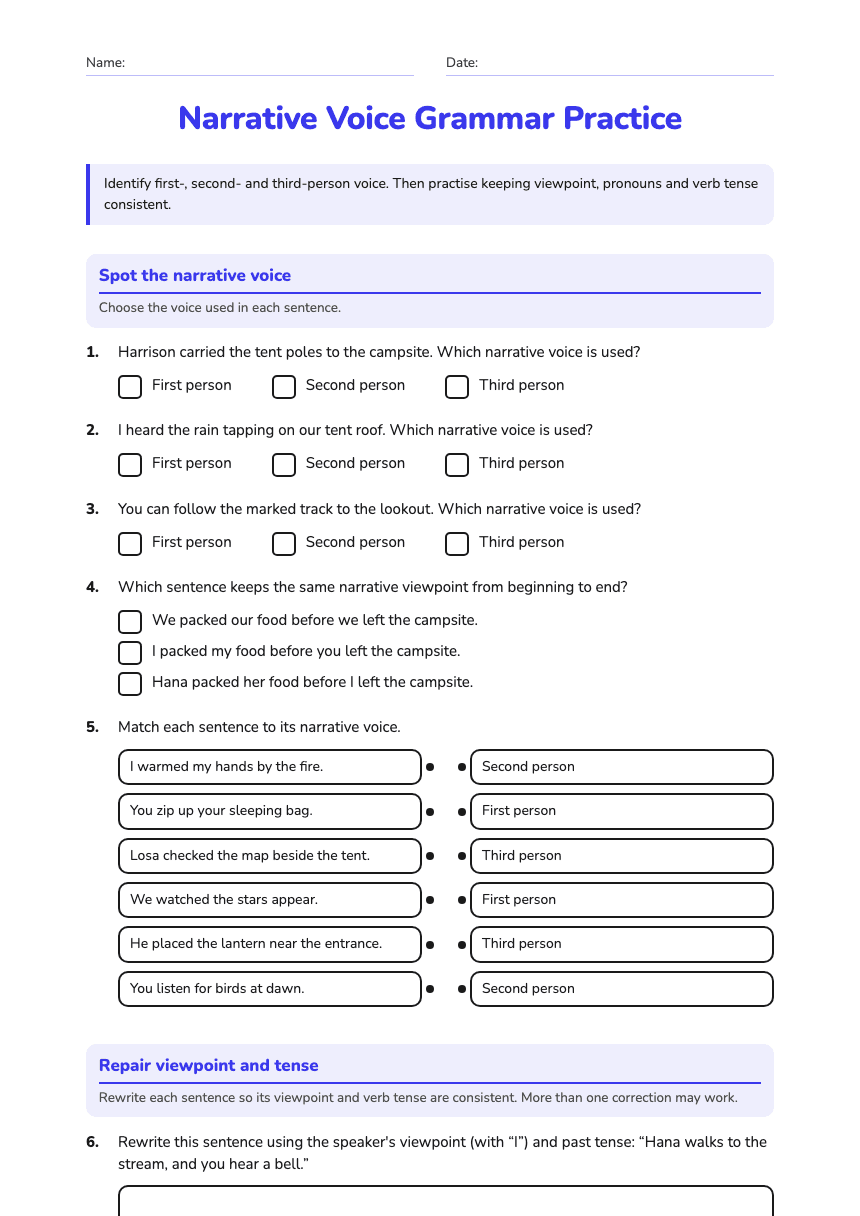 Narrative Voice Grammar Practice worksheet preview