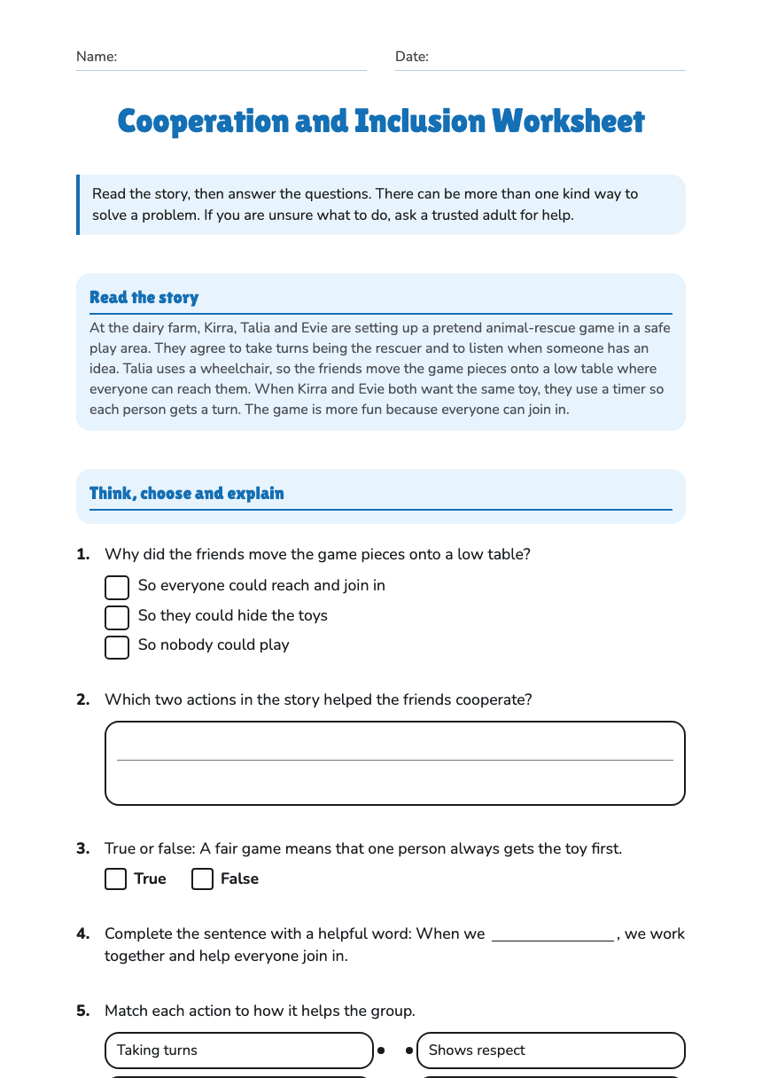 Cooperation and Inclusion Worksheet worksheet preview