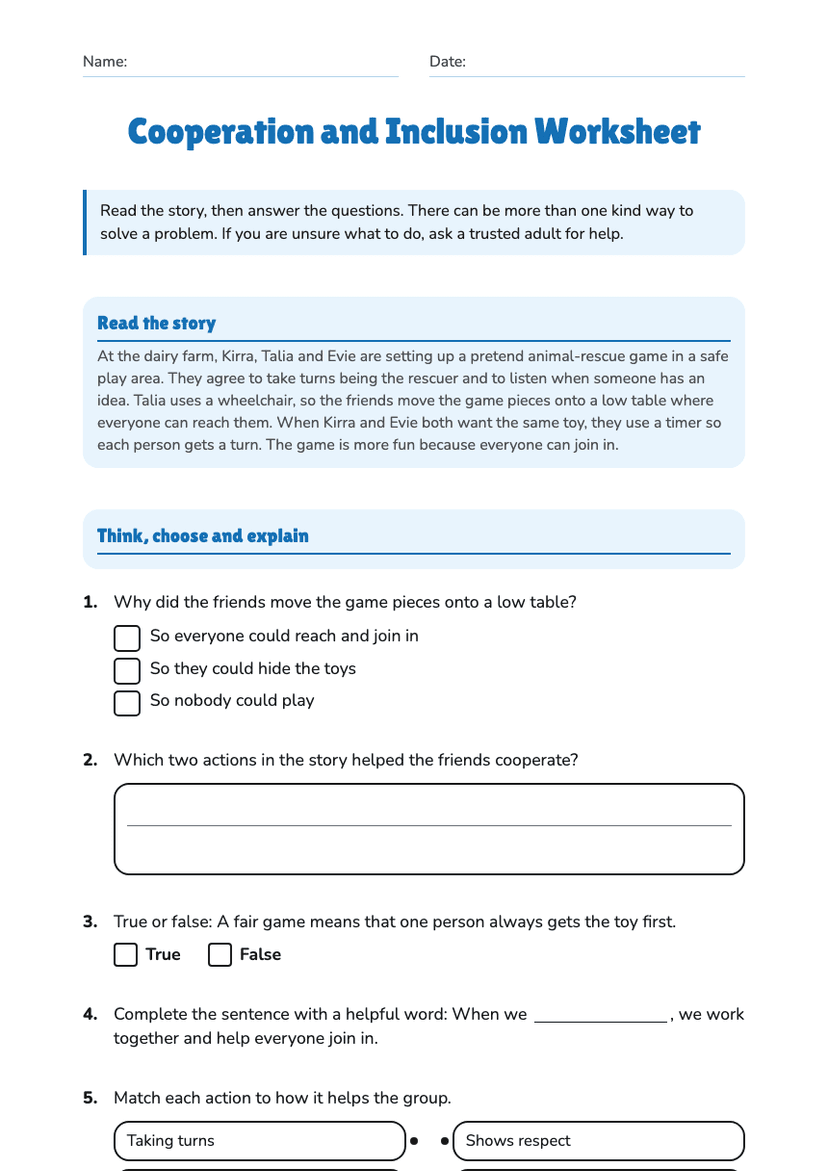 Cooperation and Inclusion Worksheet