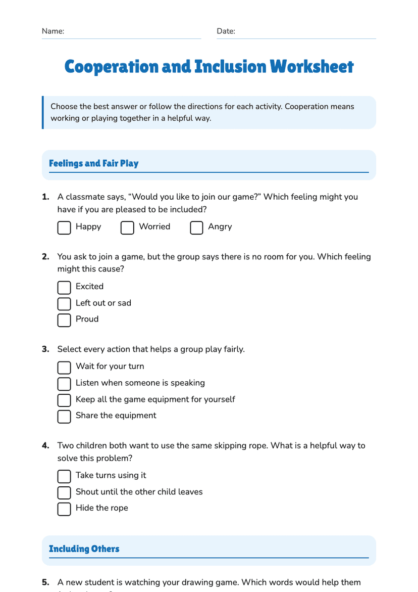 Cooperation and Inclusion Worksheet