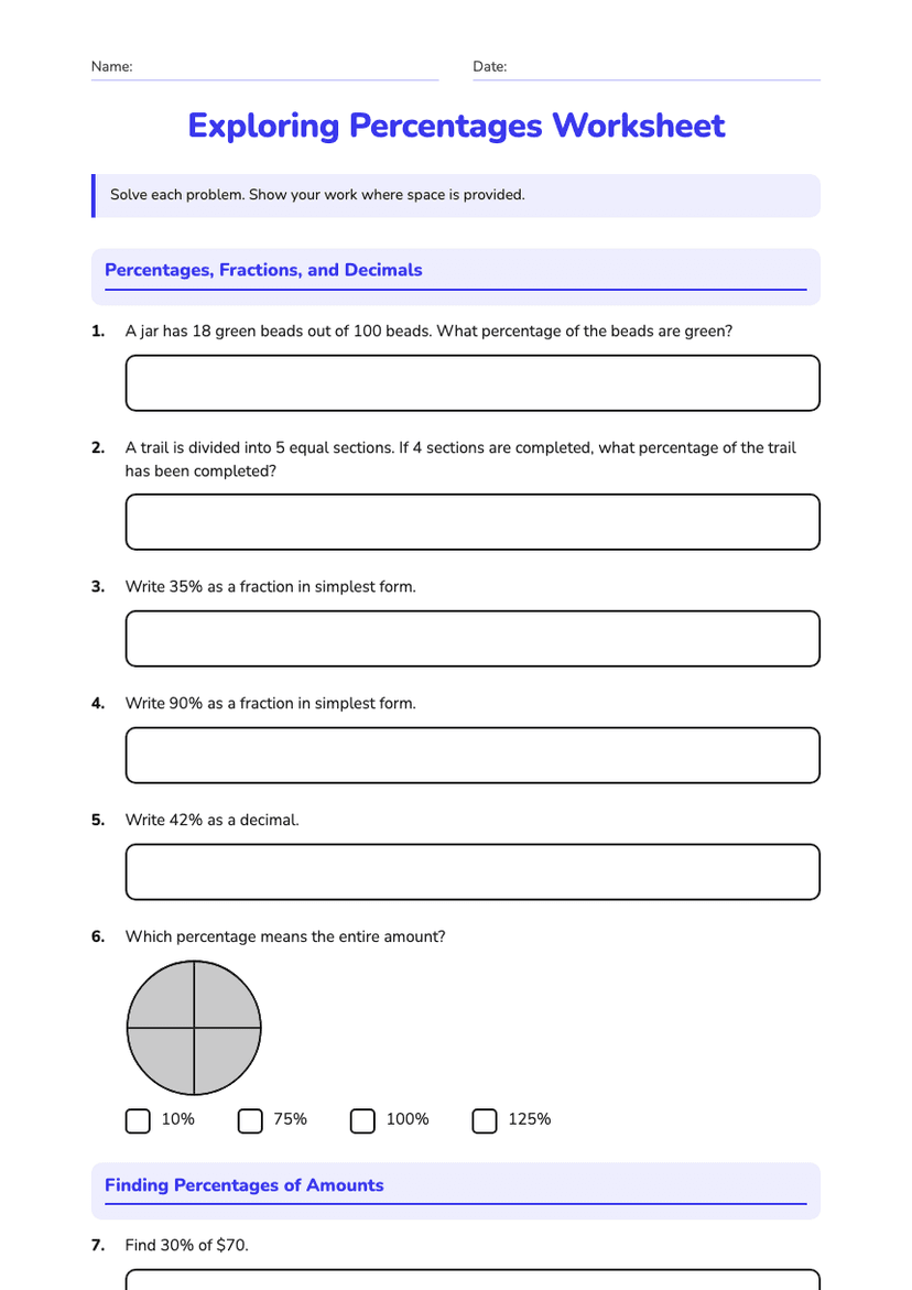Exploring Percentages Worksheet