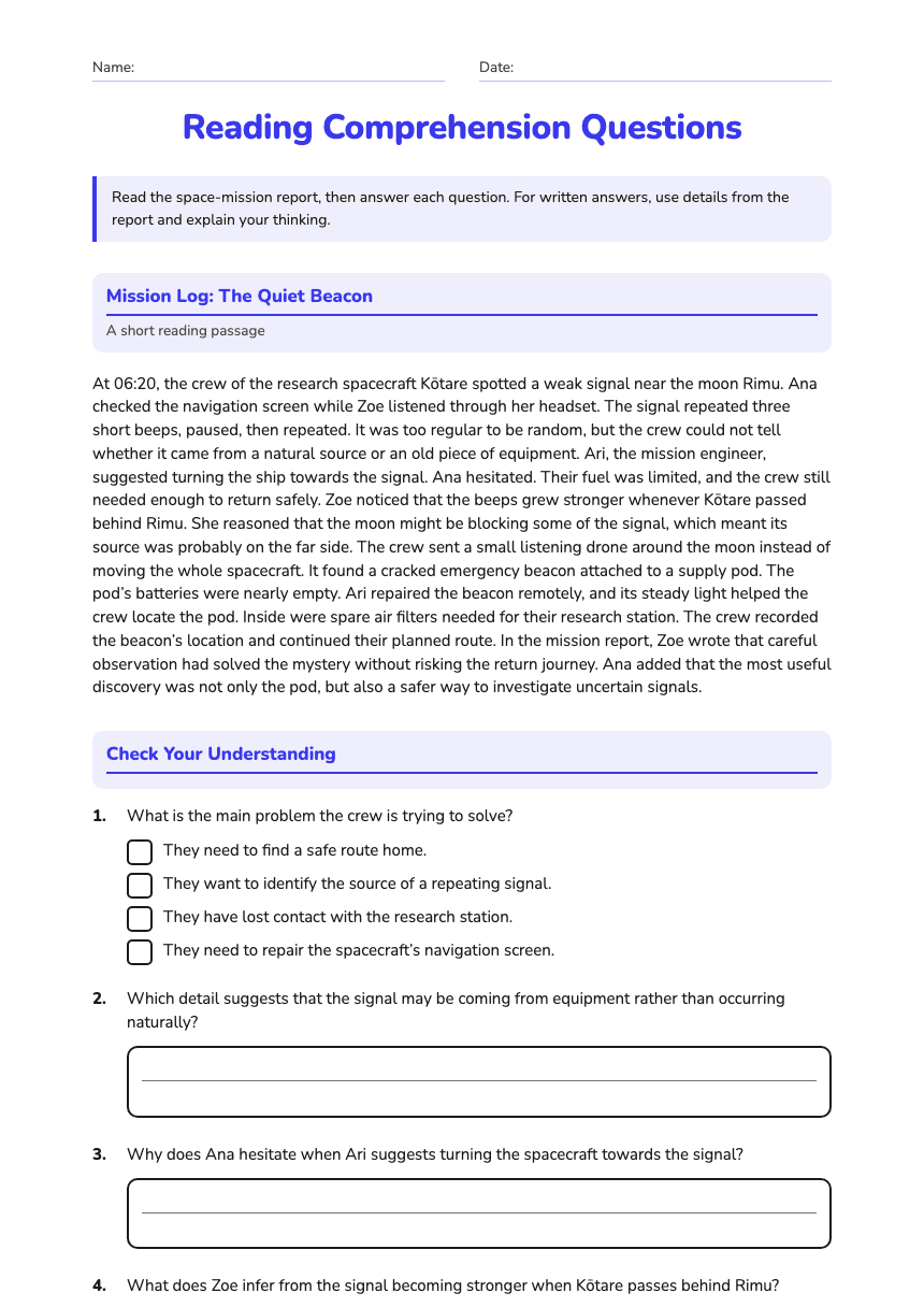 Reading Comprehension Questions worksheet preview