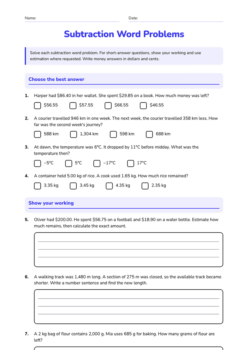 Subtraction Word Problems