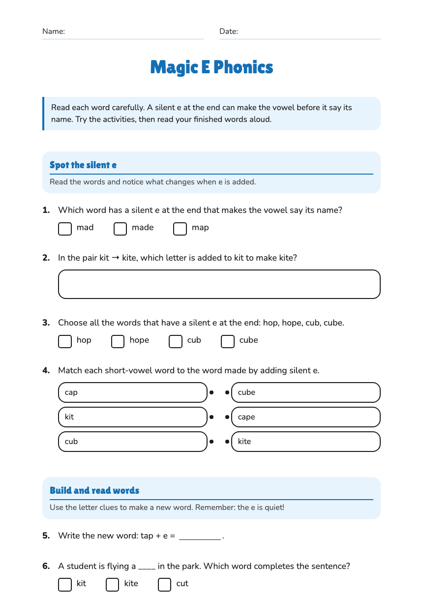 Magic E Phonics worksheet preview