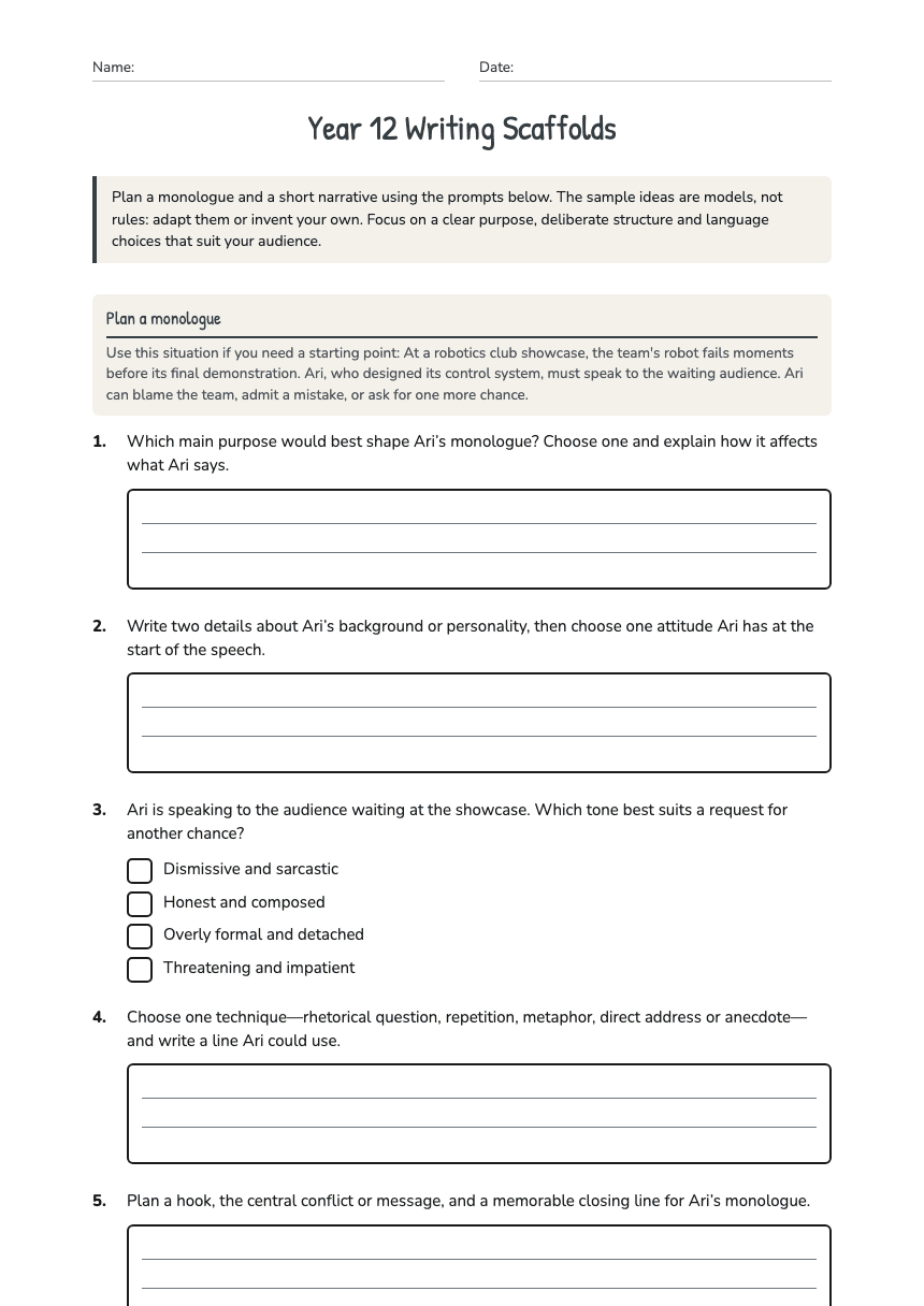 Year 12 Writing Scaffolds worksheet preview