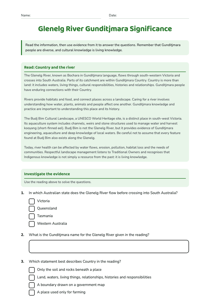 Glenelg River Gunditjmara Significance worksheet preview