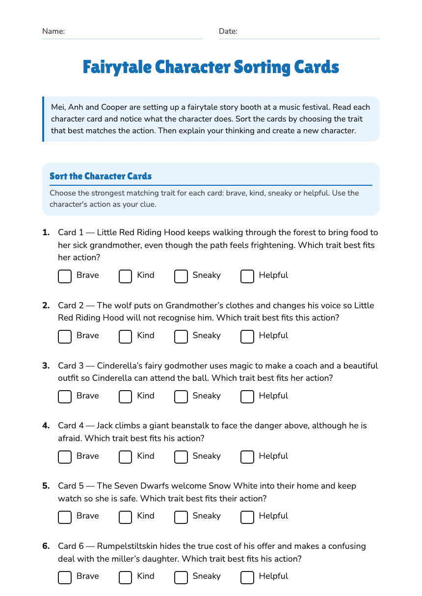 Fairytale Character Sorting Cards worksheet preview