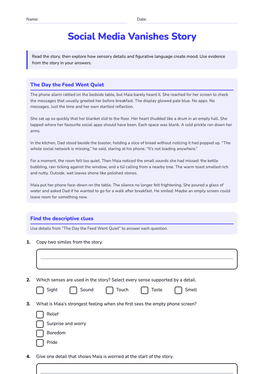 Social Media Vanishes Story worksheet preview
