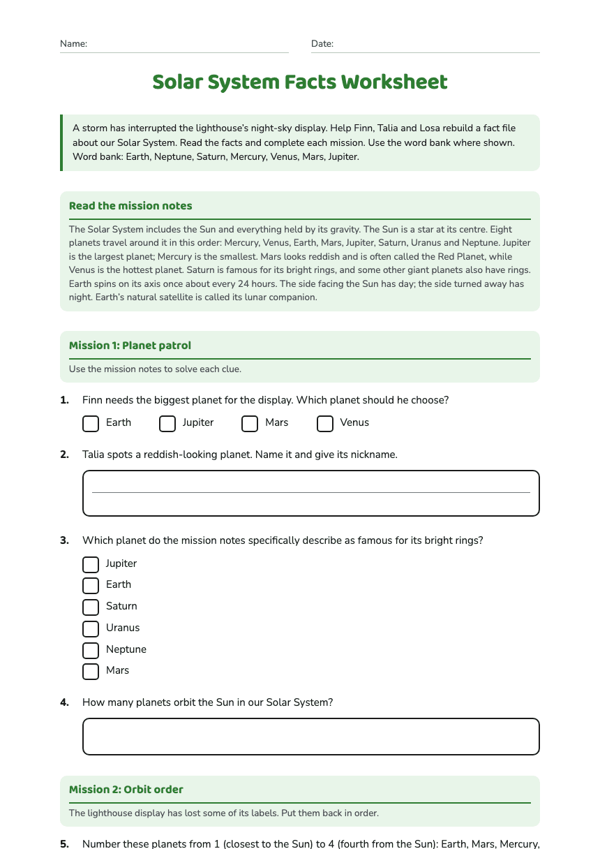 Solar System Facts Worksheet worksheet preview