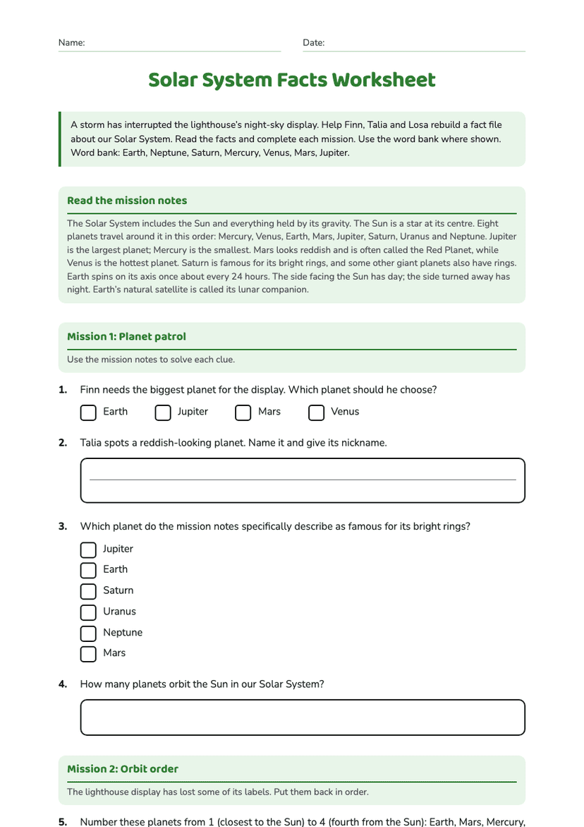 Solar System Facts Worksheet