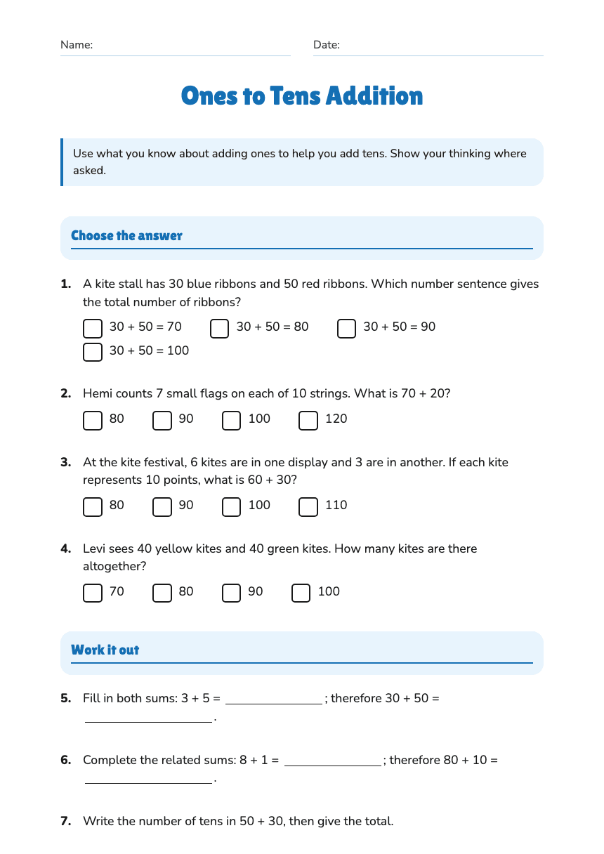 Ones to Tens Addition worksheet preview