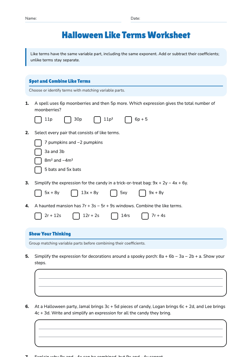 Halloween Like Terms Worksheet worksheet preview