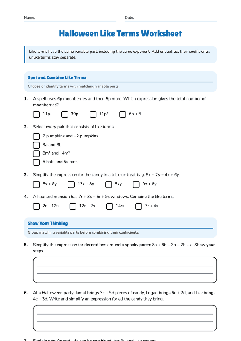 Halloween Like Terms Worksheet