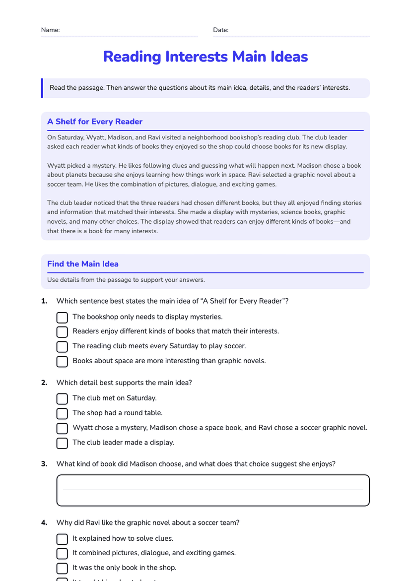 Reading Interests Main Ideas