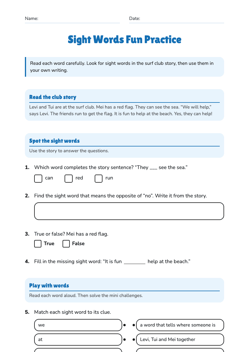 Sight Words Fun Practice worksheet preview