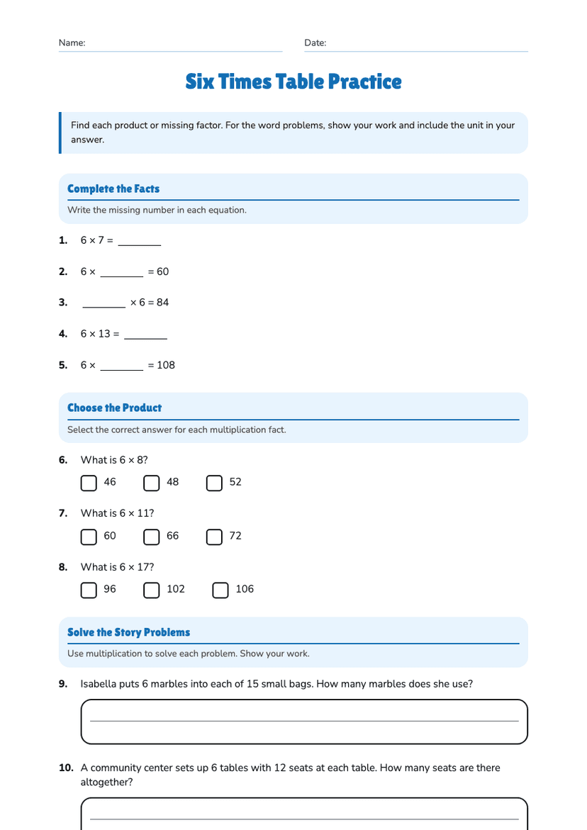 Six Times Table Practice