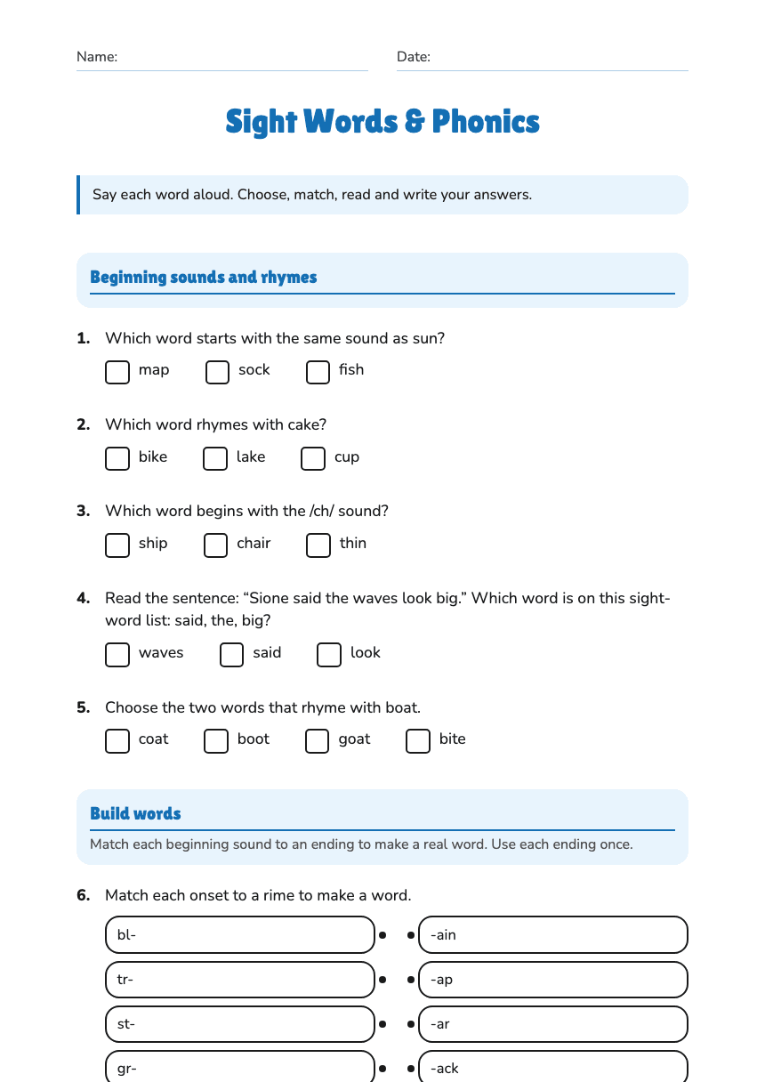 Sight Words & Phonics worksheet preview