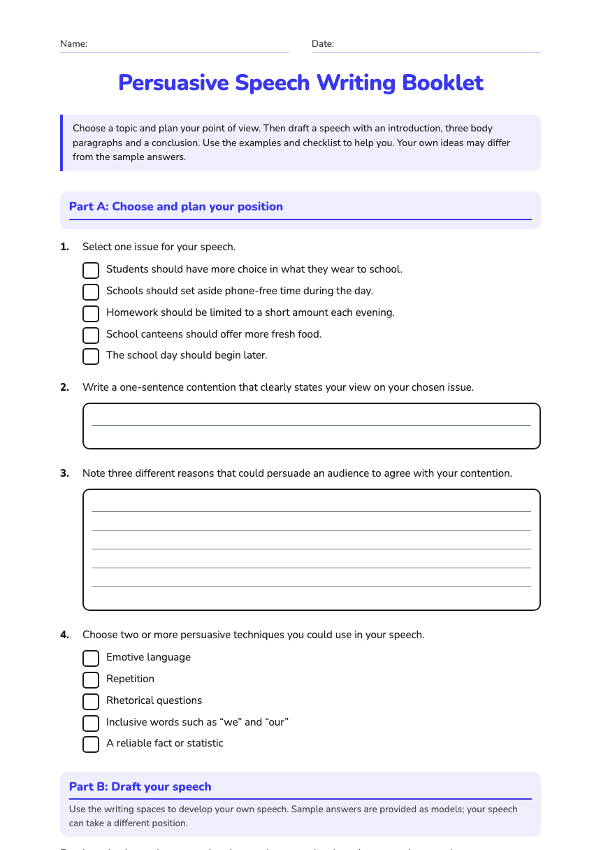 Persuasive Speech Writing Booklet worksheet preview