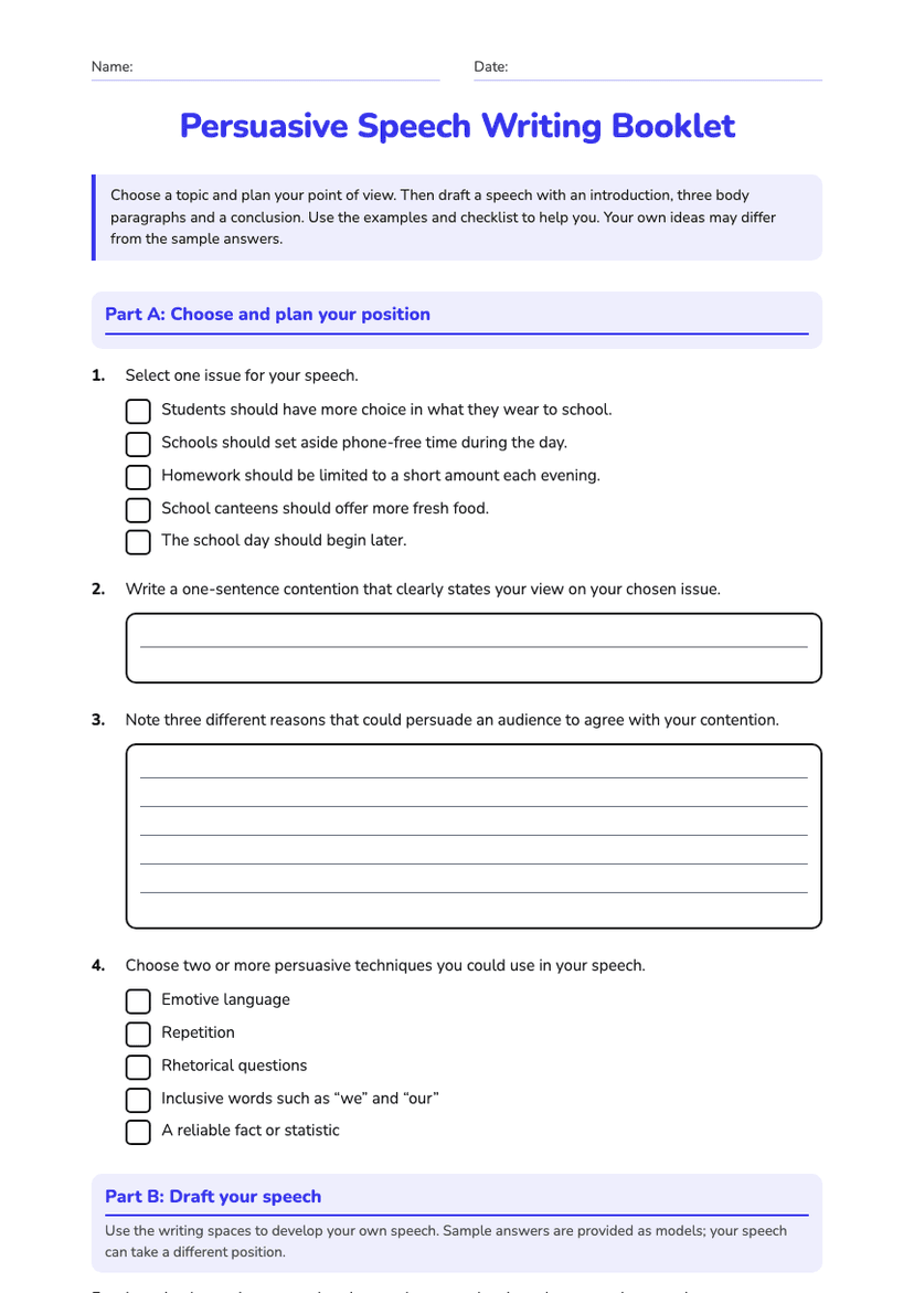 Persuasive Speech Writing Booklet