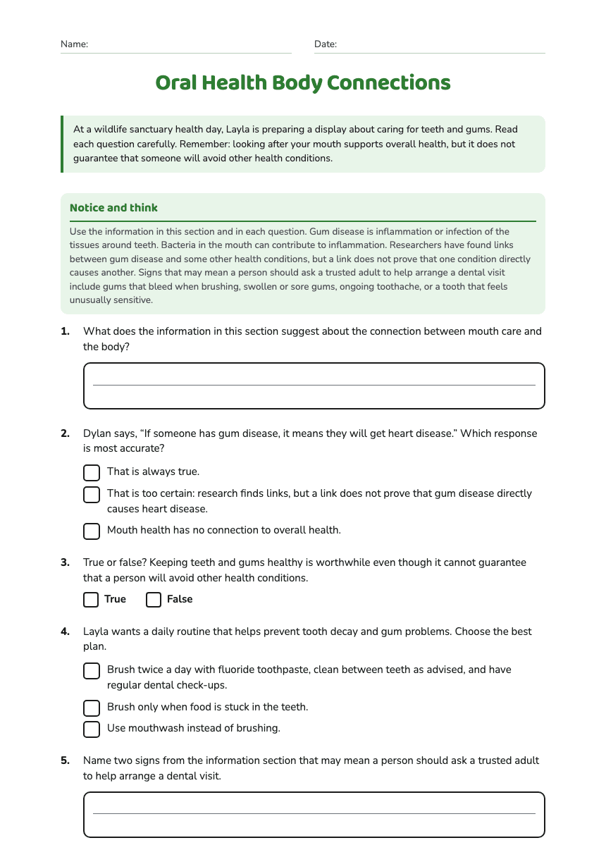 Oral Health Body Connections worksheet preview