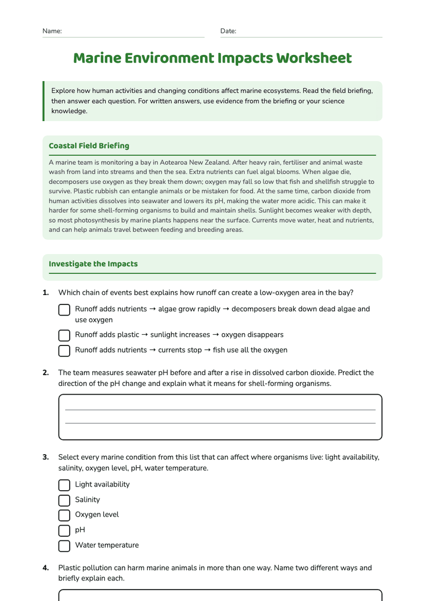 Marine Environment Impacts Worksheet